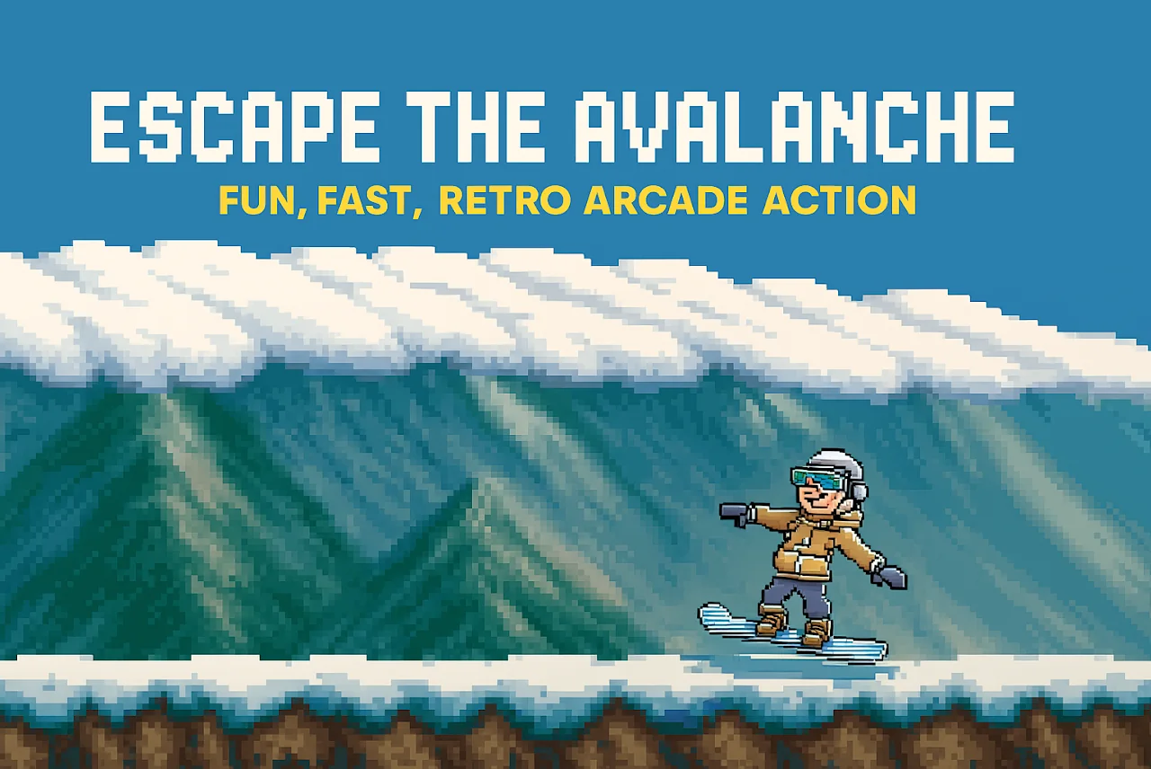 Pixel-art snowboarder racing ahead of a wall of snow below a mountain, with the title Escape the Avalanche and the words Fun, fast, retro arcade action